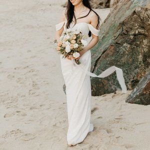 Draped Off The Shoulder Sheath Wedding Dress Size 4